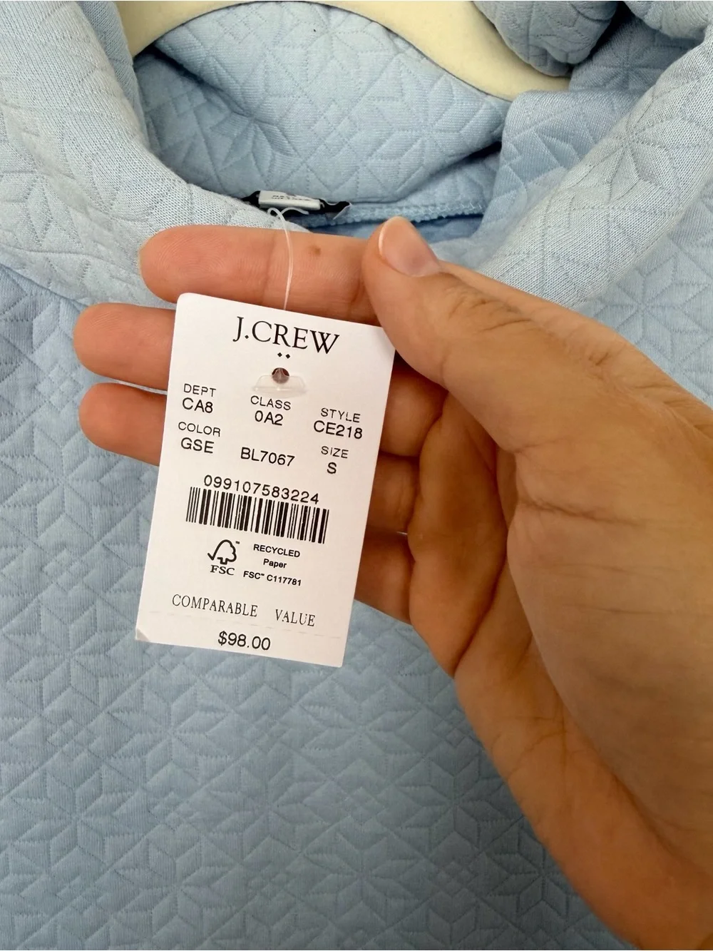 J. Crew Light Blue Quilted Cowl-Neck Pullover